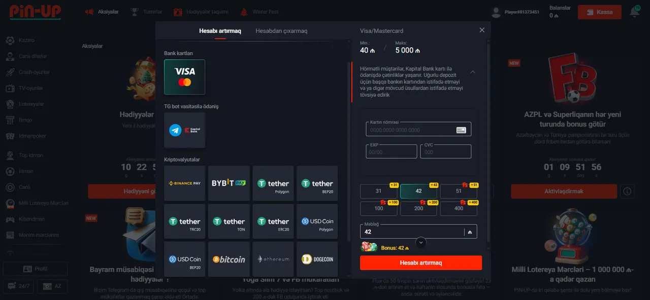 Ödəniş sistemləri: pul yatırma və çıxarılması Pin-Up